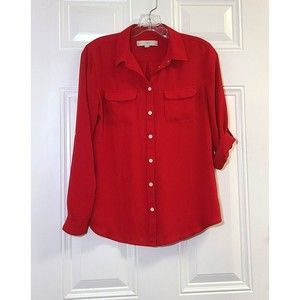 Ann Taylor Loft Size SP Top Utility Red Chiffon Button Up Roll Tab Sleeve